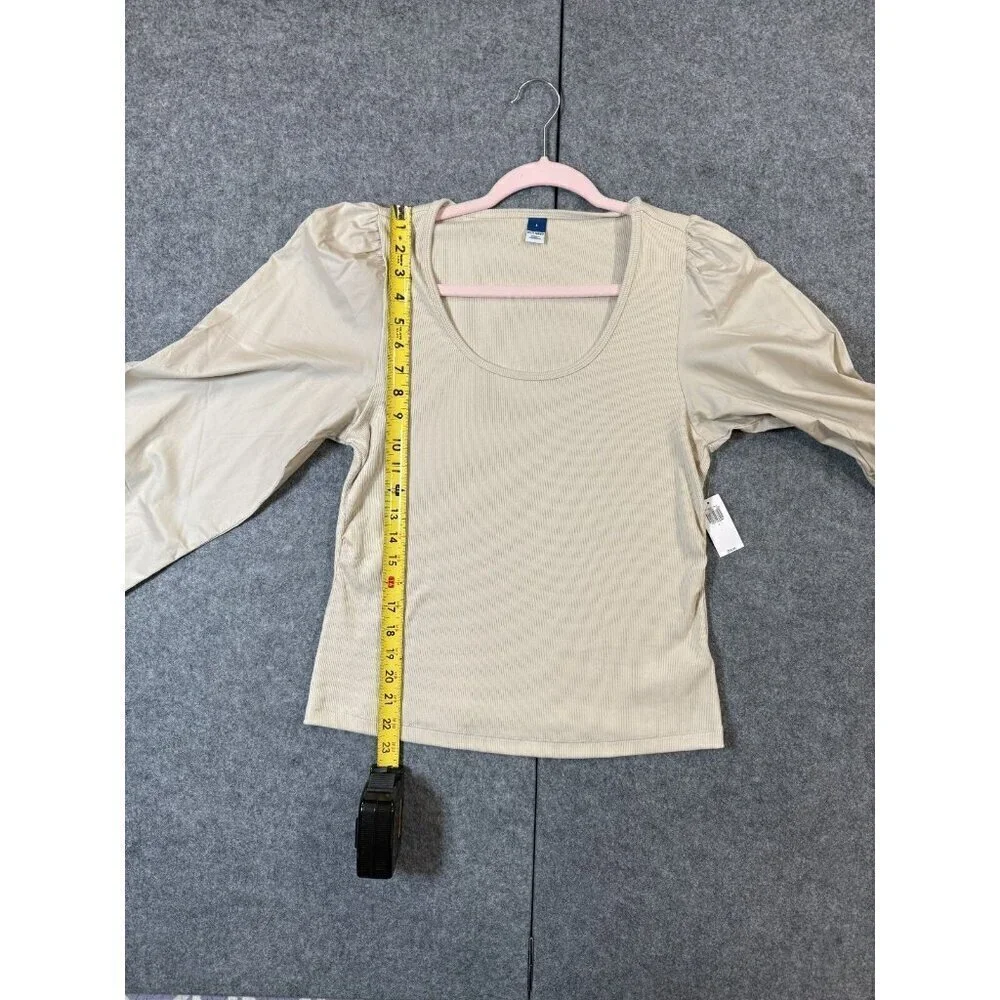 Old Navy Blouse Top Women's L Beige Cropped Knit Puff Sleeve Scoop Neck Pullover